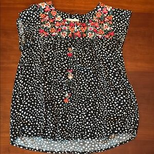 Floral Embroidered Black and White Polka Dot Top